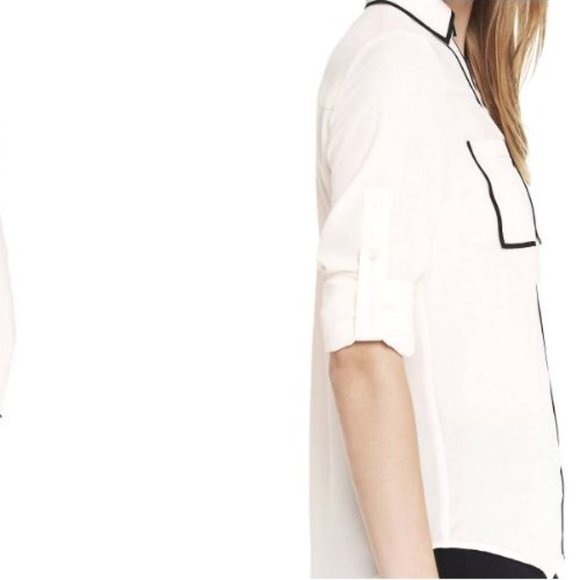 Express Original Fit Ivory Contrast Piping Portofino Blouse Roll Tab Sleeves Med - Picture 5 of 9